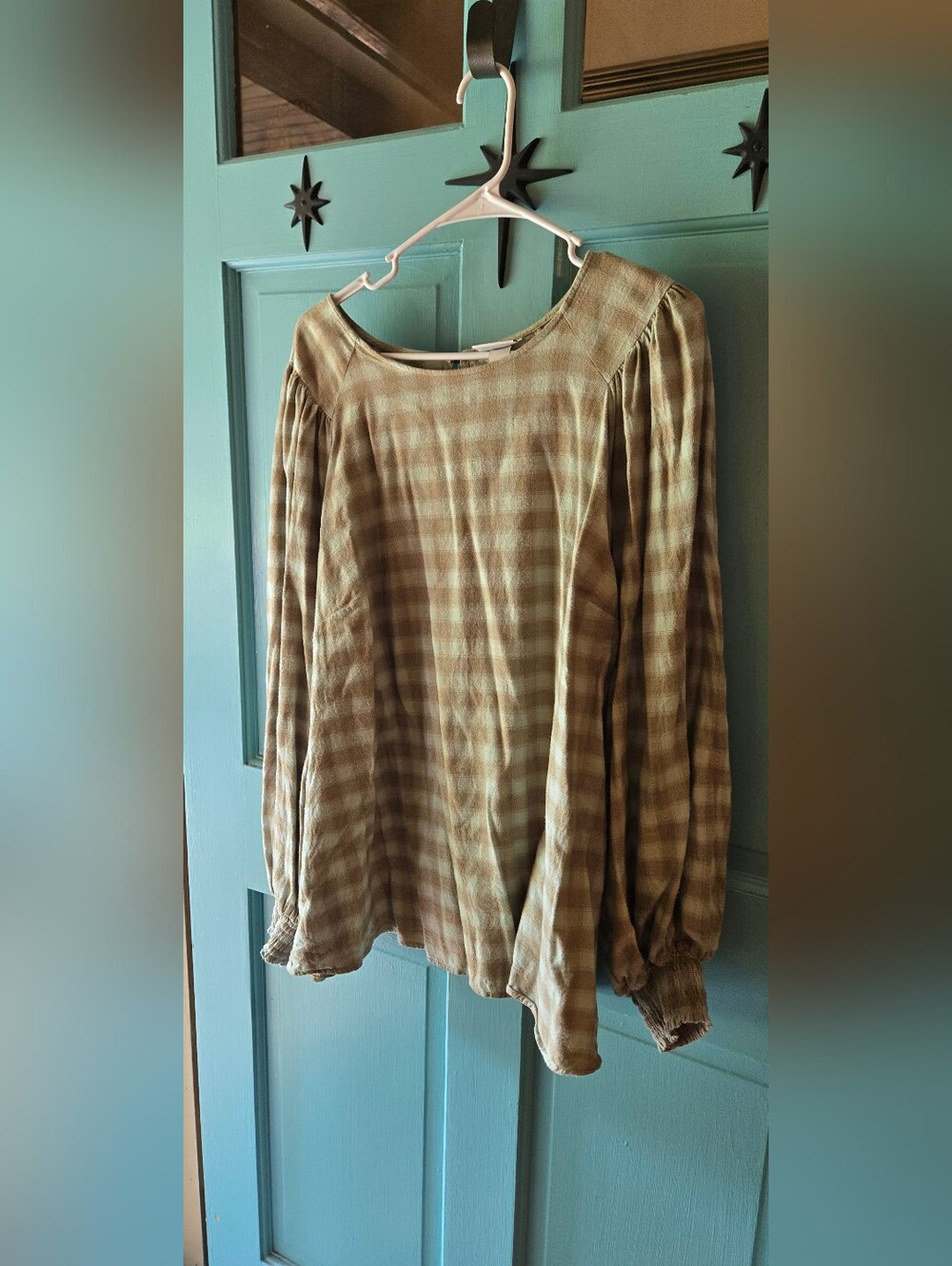 Ava & Viv Olive Plaid Long-Sleeve Peasant Blouse